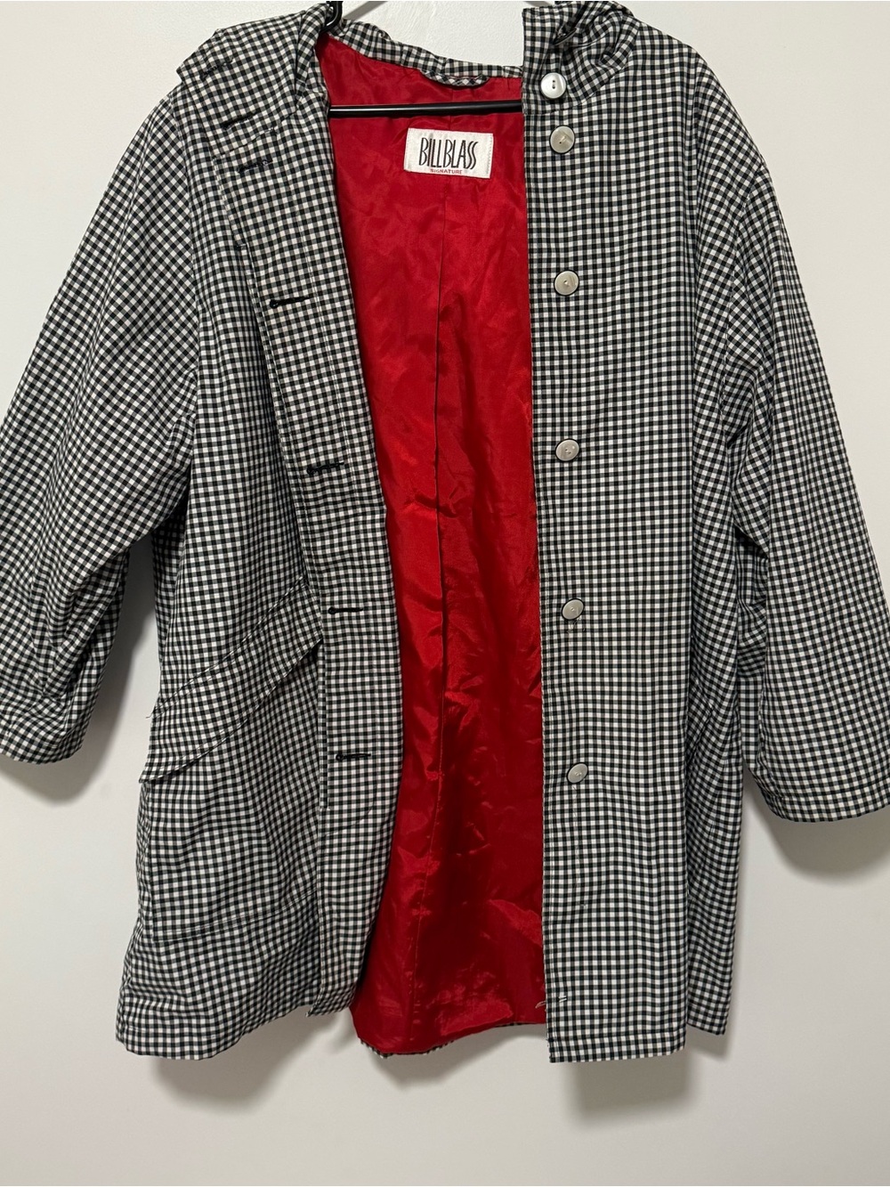 Bill Blass Black & White Gingham Rain Jacket with Red Lining